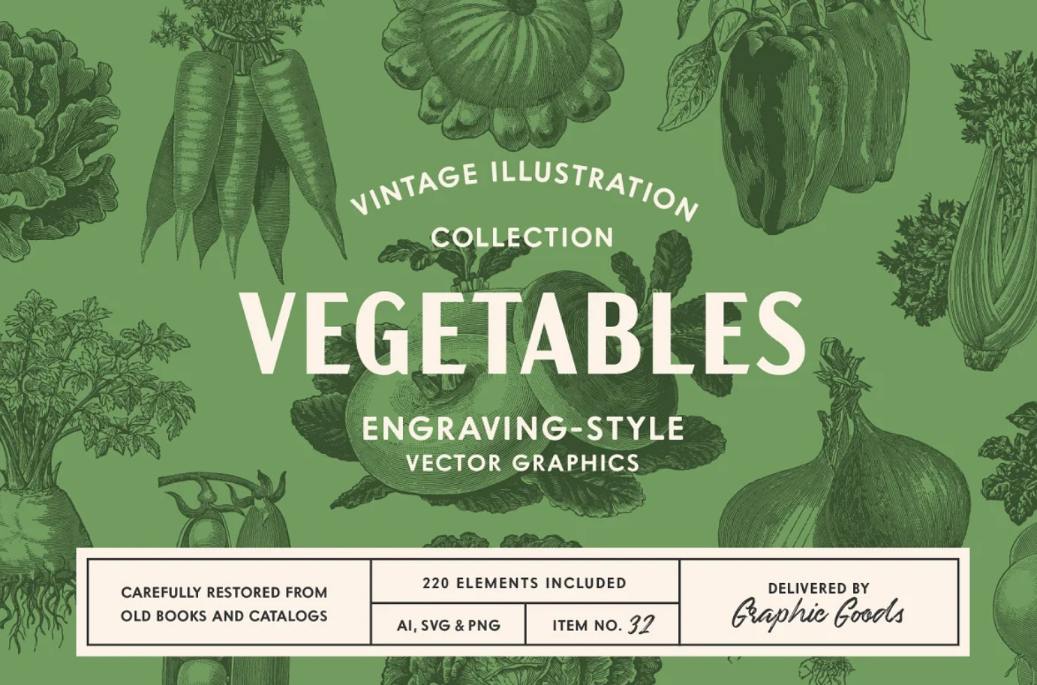 220 Vintage Vegetable Illustrations Set