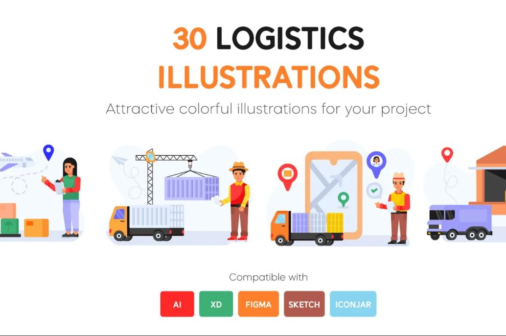 30 Colorful Logistics Illustrations Set