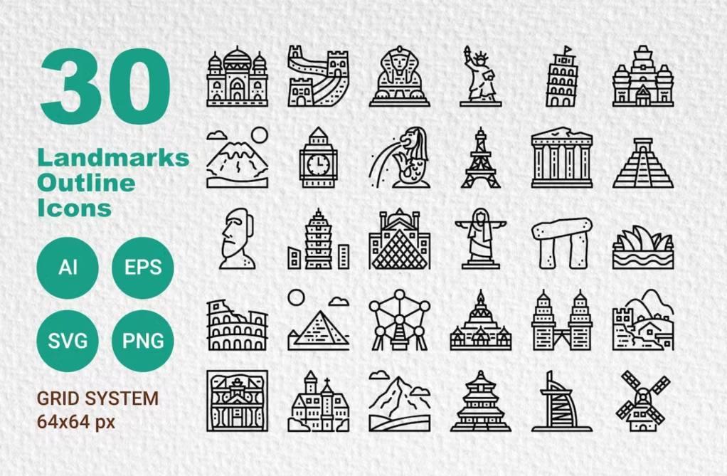 30 Outlined Landmarks Icon Set