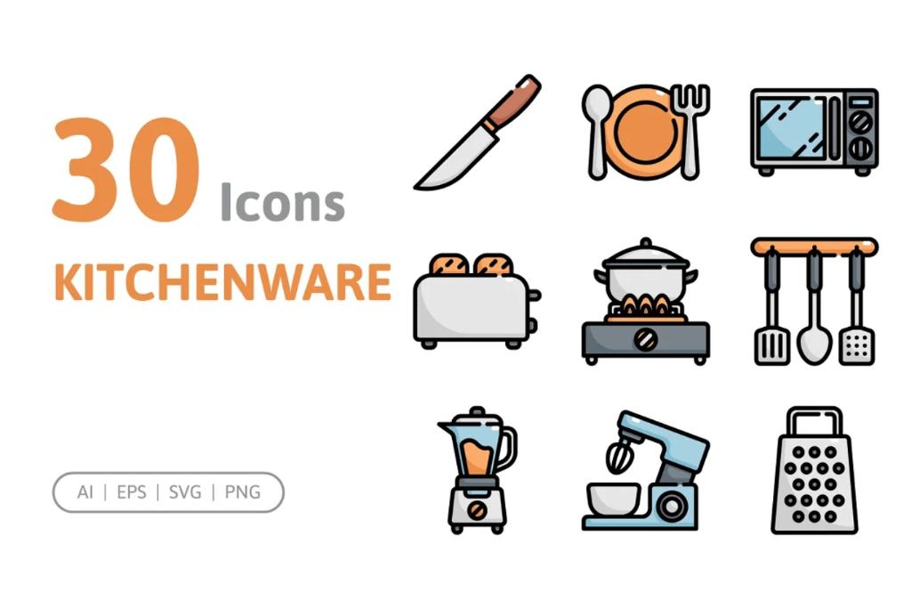 30 Unique Kitchenware Icons Set