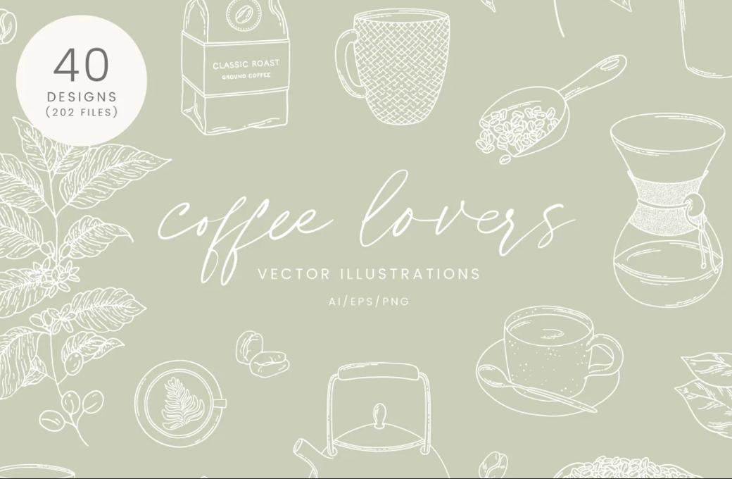 40 Coffee Lovers Vector Illustrations Set