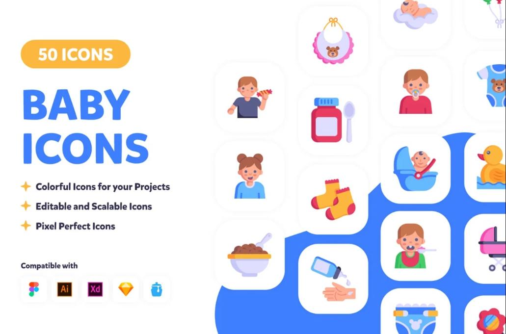 50 Baby Colorful Icons Set