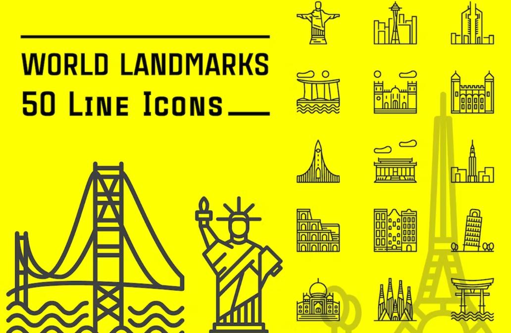 50 Linear World Landmark Icons Set