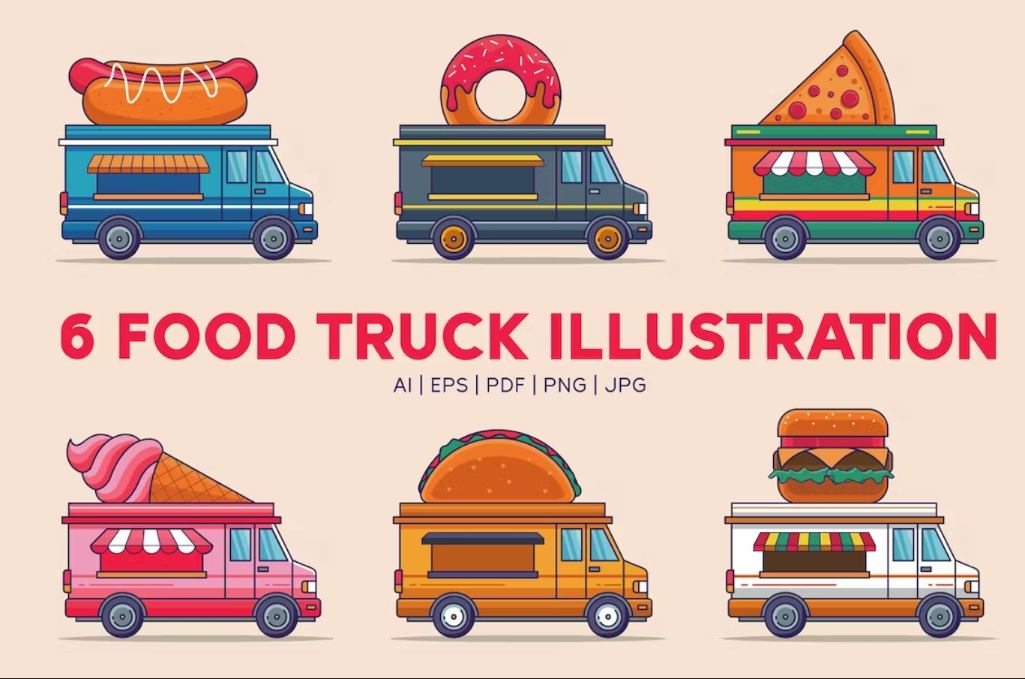 6 Food Truck Illustrations Set