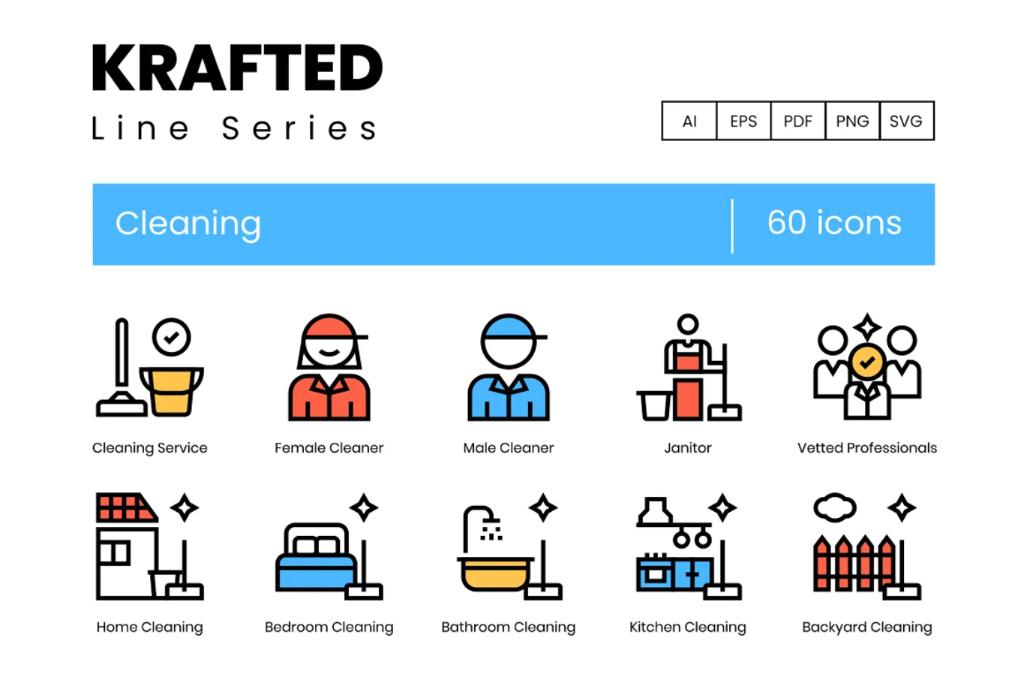 60 Cleaning Line Icons Set