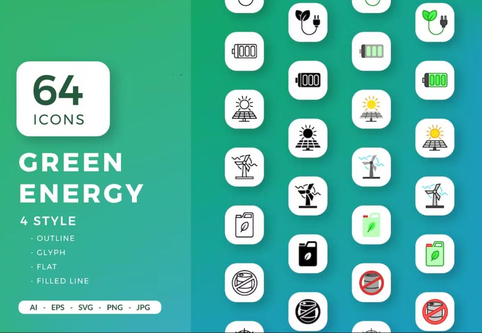 64 Green Energy Icons Set
