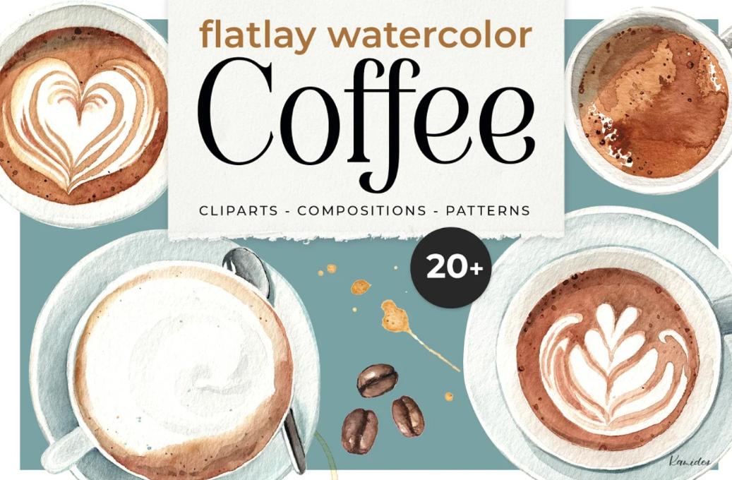 Flat Watercolor Coffee Cliparts and Patterns