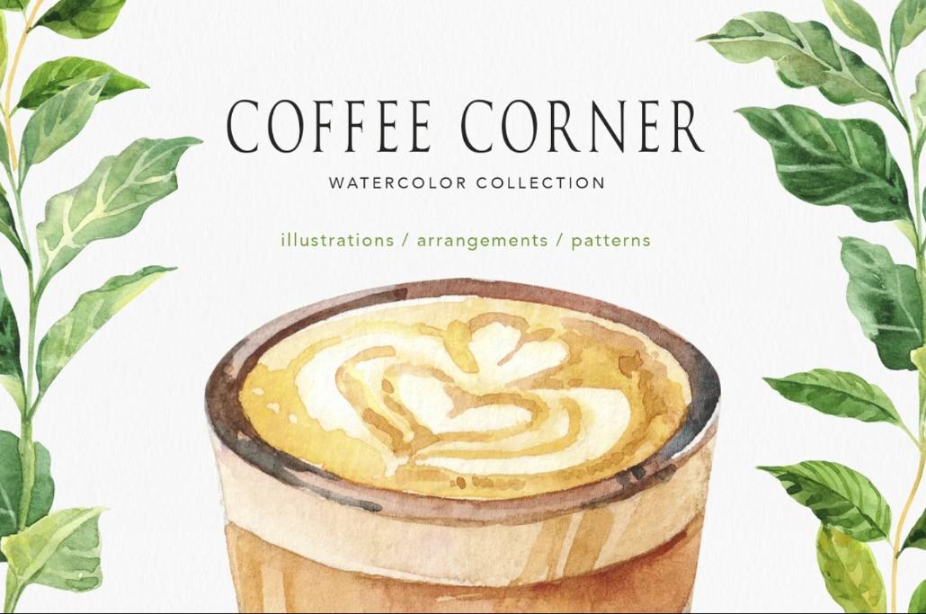 Watercolor Coffee Corner Illustrations and Patterns