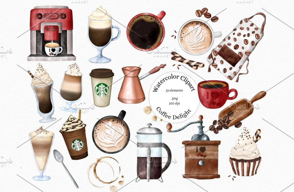 Watercolor Coffee Themed Cliparts