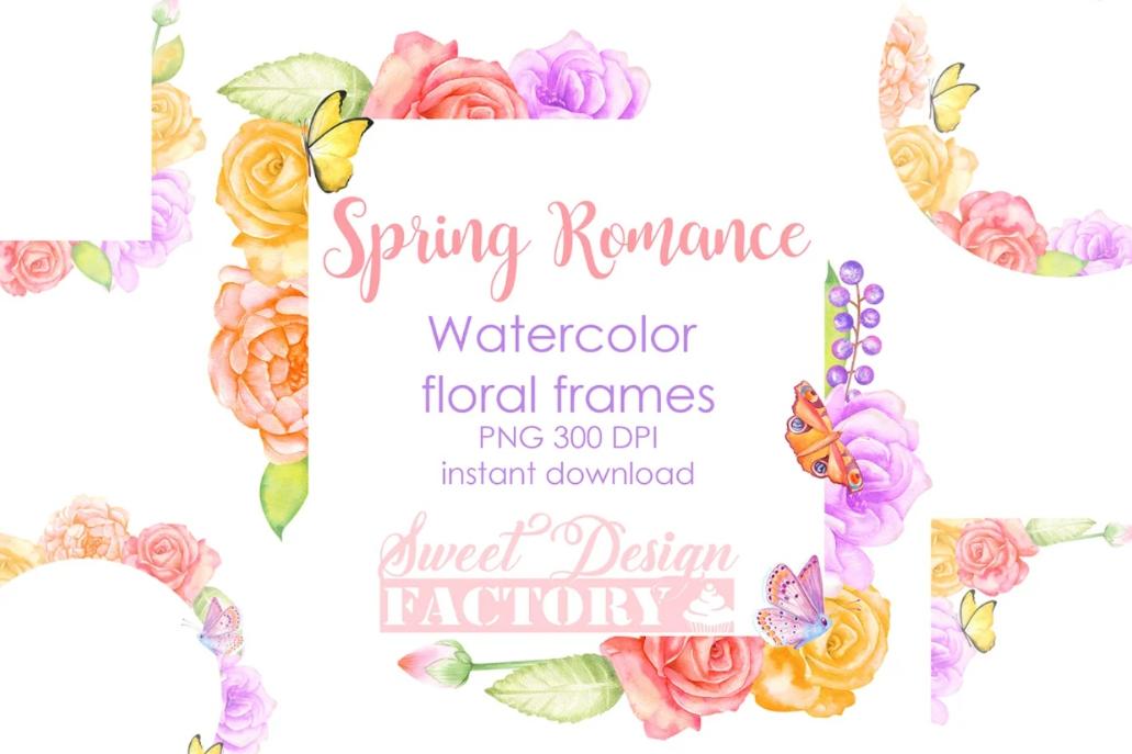 Watercolor Floral Frame Cliparts Set