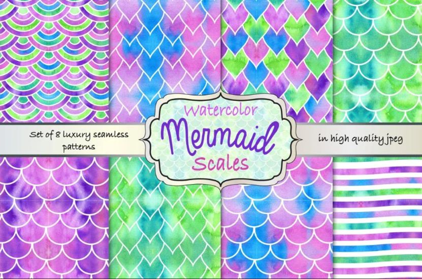 Watercolor Mermaid Seamless Patterns