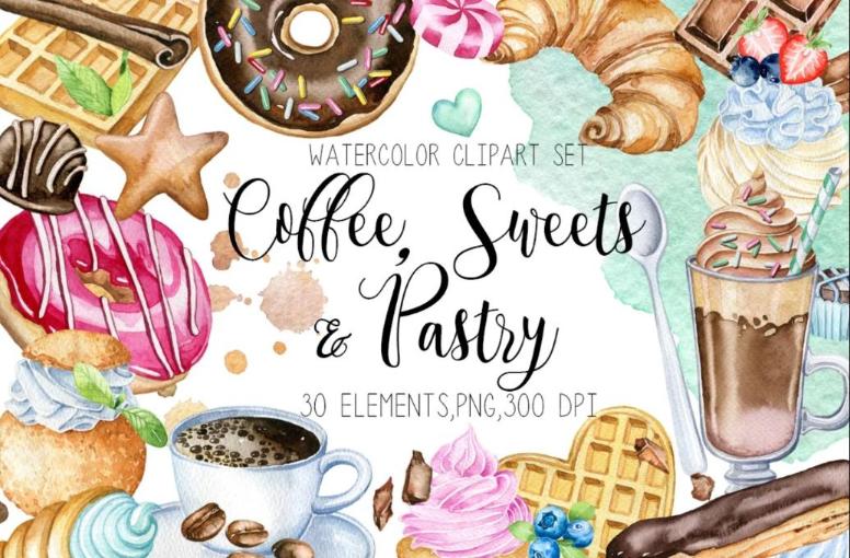 Watercolor Sweets and Pastry Elements