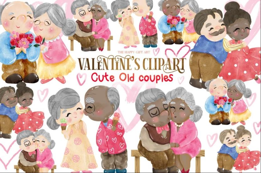 Watercolor valentines Old Couples