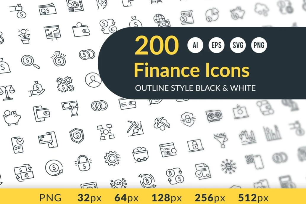 200 Outline Finance Icons Set