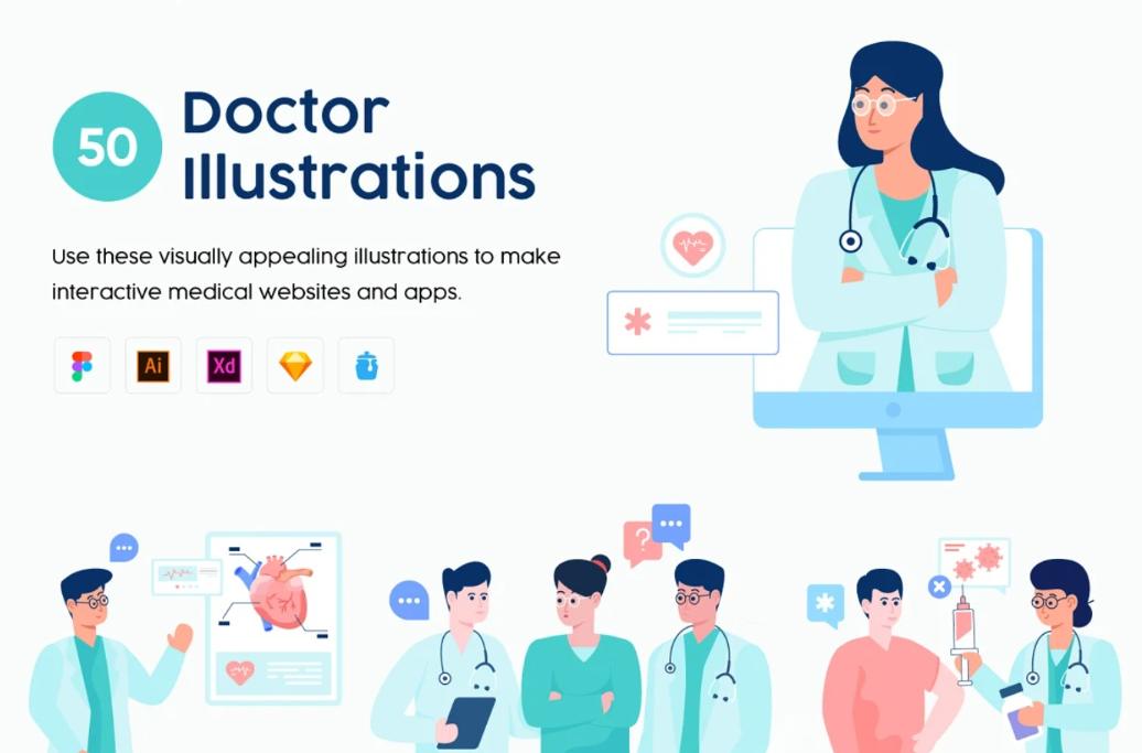 50 Beautiful Doctor Illustrations Set