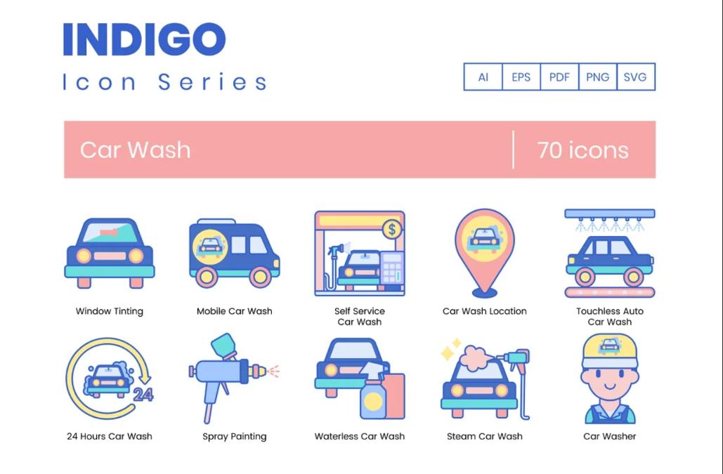 70 Car wash Icons Set