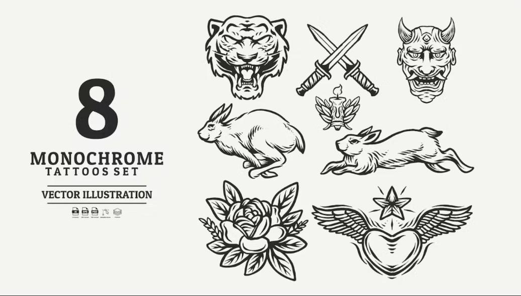 8 Unique Monochrome Tattoo Set