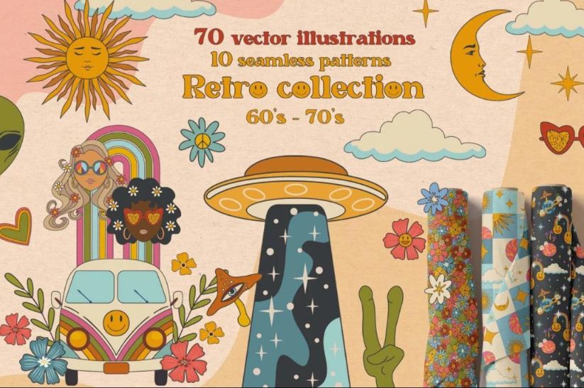 Retro Peaceful Illustrations and Patterns