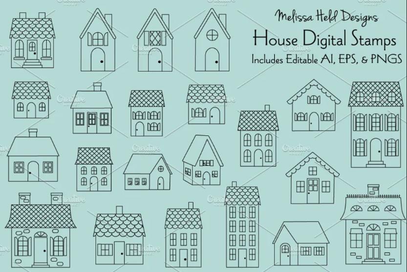 Hand Drawn House Digital Stamps