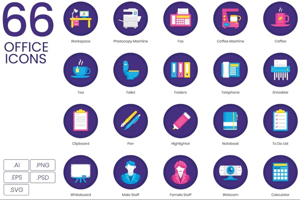 66 Office Stationary Icons Set