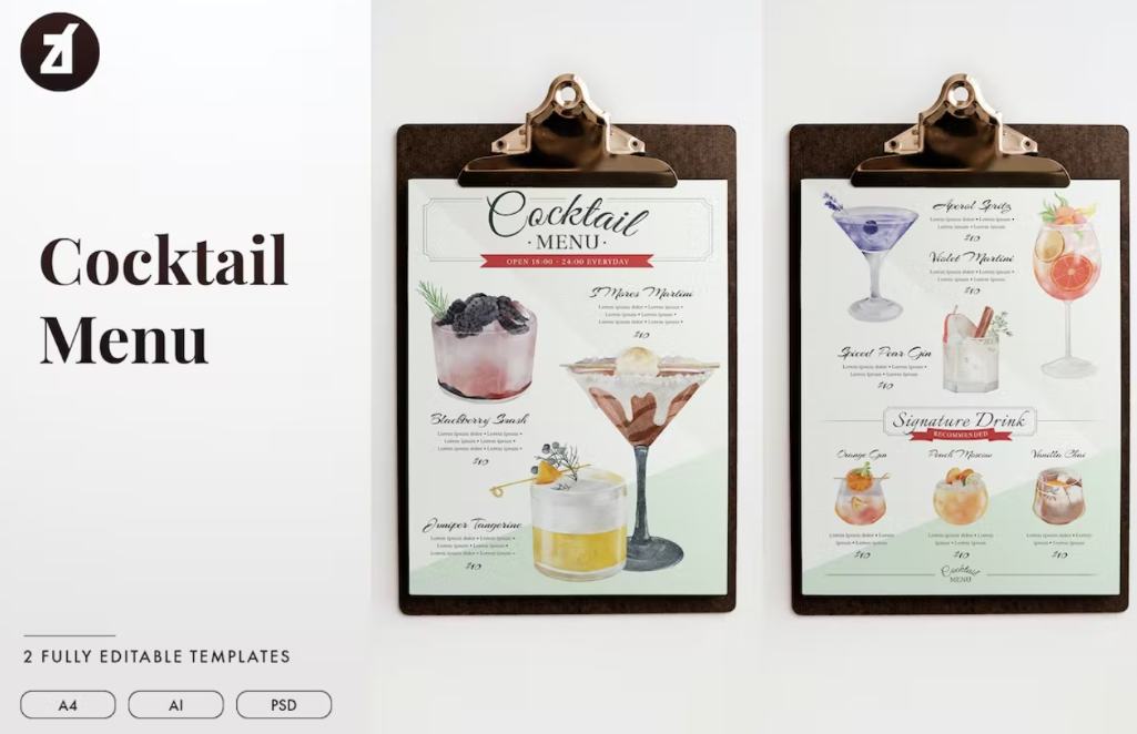 Fully Editable Cocktails Menu