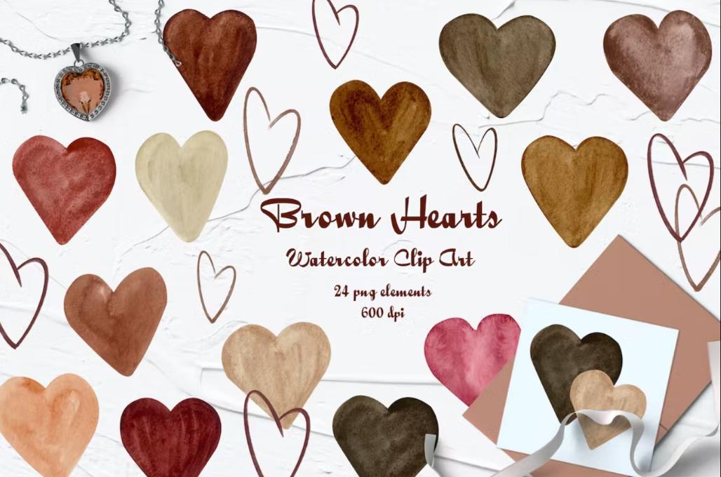 Watercolor Brown Heart Cliparts