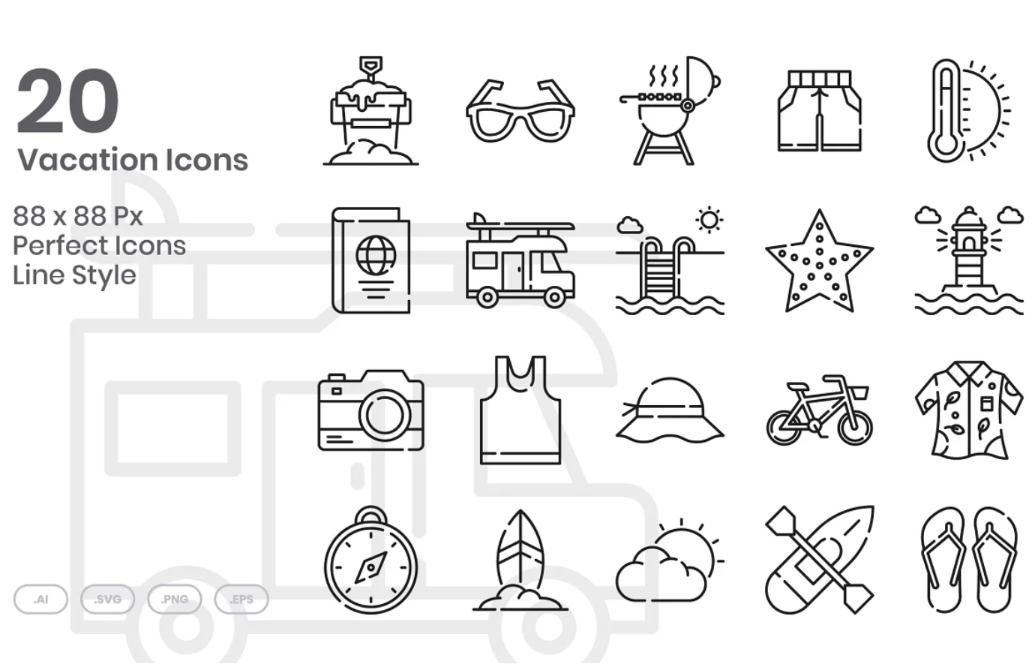 20 Line Vacation Icons Set