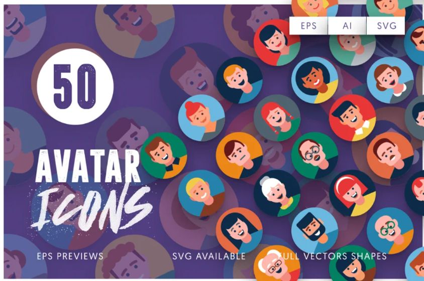 50 Unique Face Avatar Icons Set