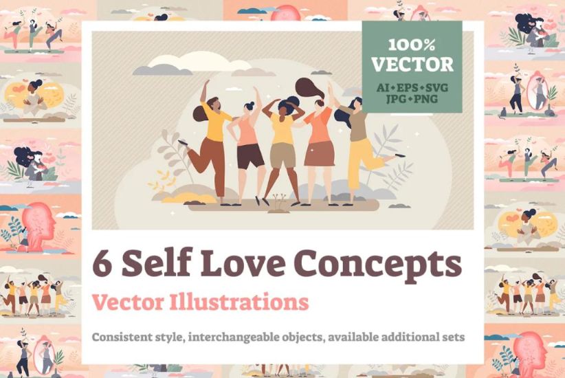 6 Unique Self Love Vectors Set