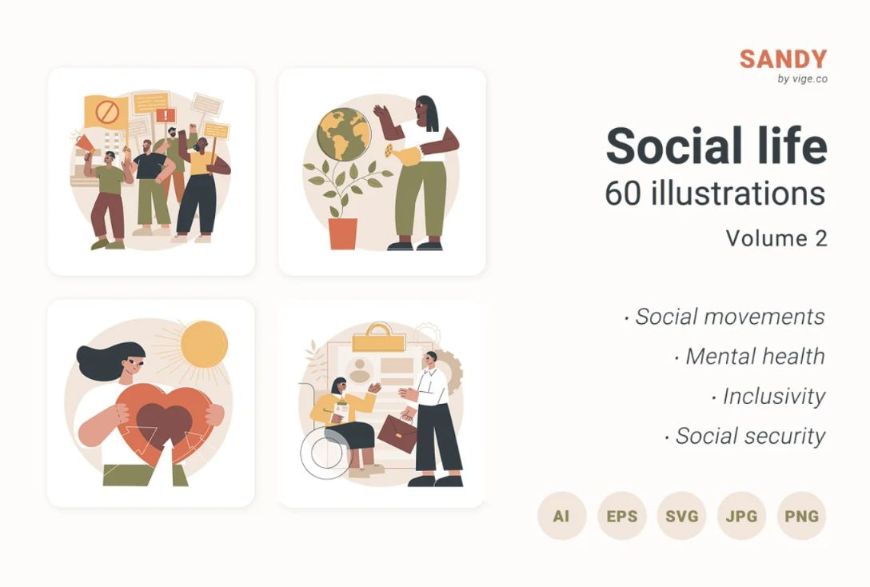 60 Social Life Illustrations Set