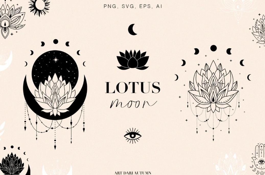 Lotus and Moon Illsutartions Set