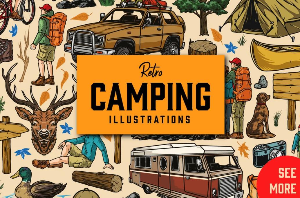 Retro Camping Illustrations and Clipart