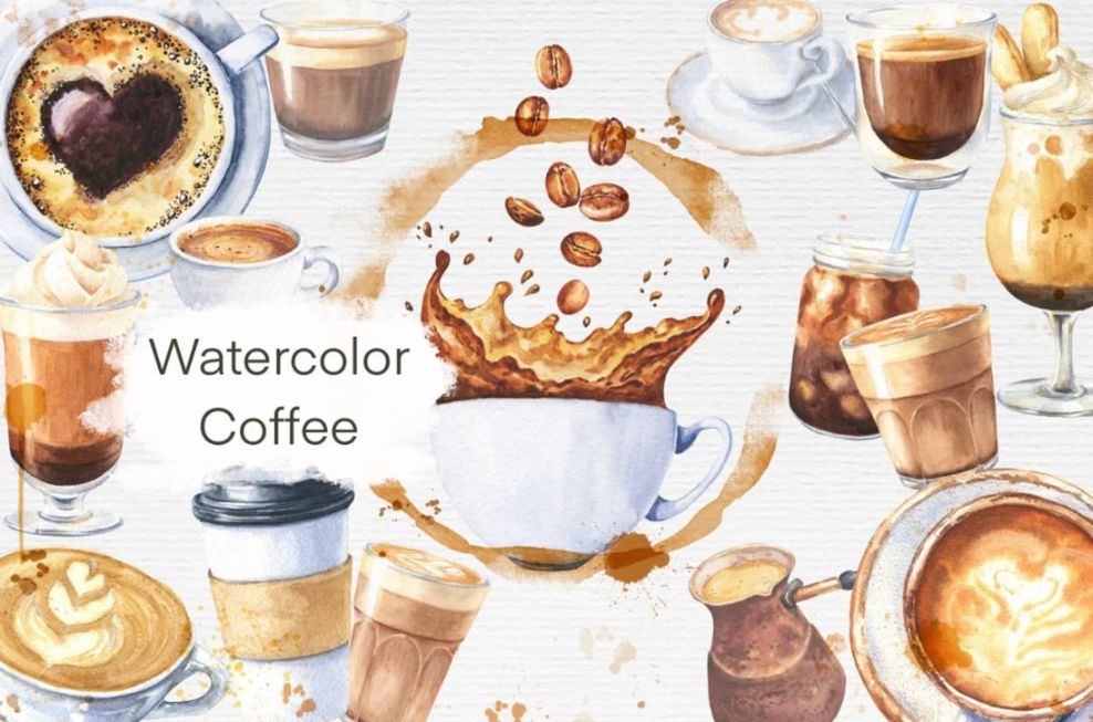 Watercolor Cafe Illustrations Set