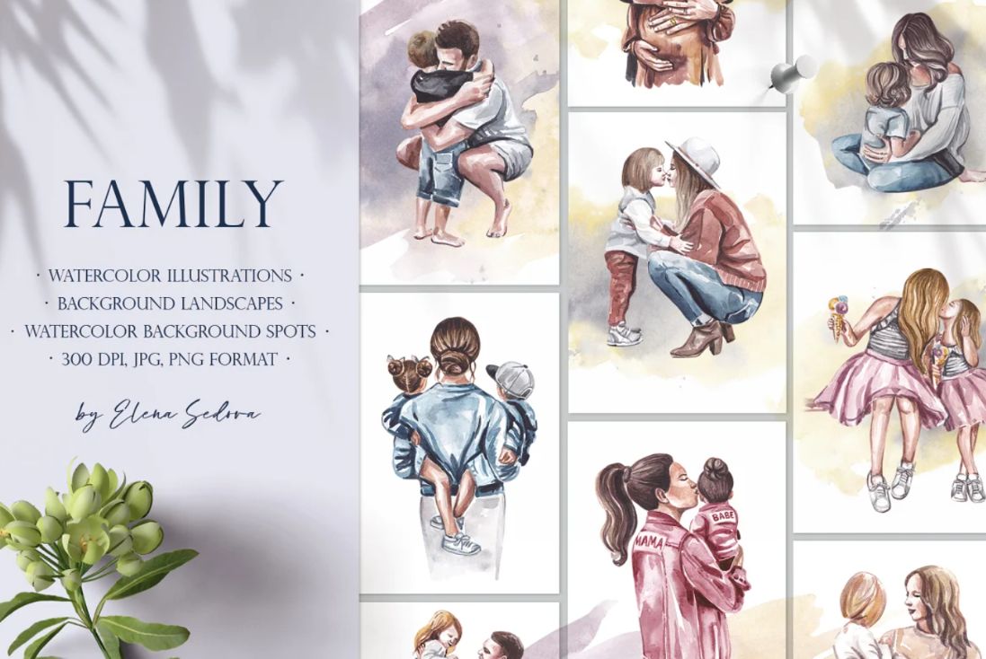 Watercolor Family Illustrations Set