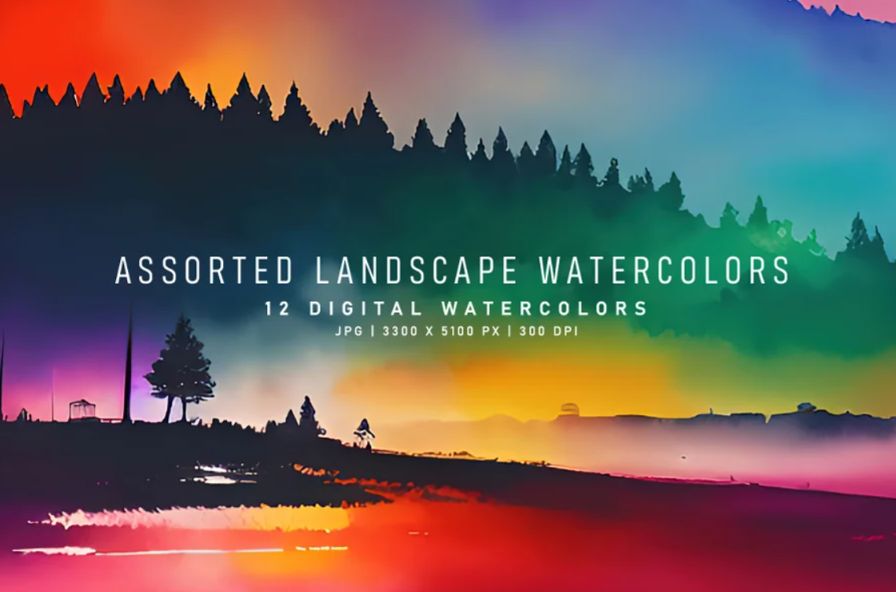 12 Watercolor Landscape Backgrounds Set