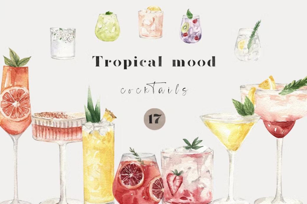 17 Unique Tropical Drinks Illustrations Set