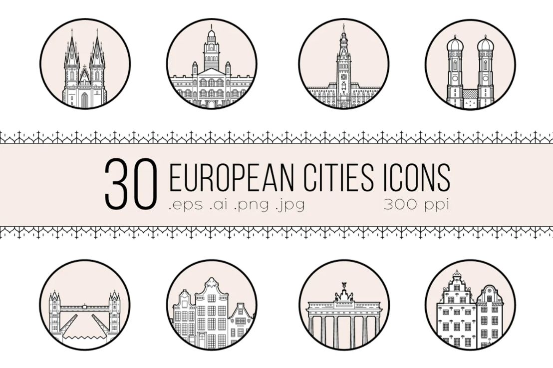 30 European Cities Icons Set