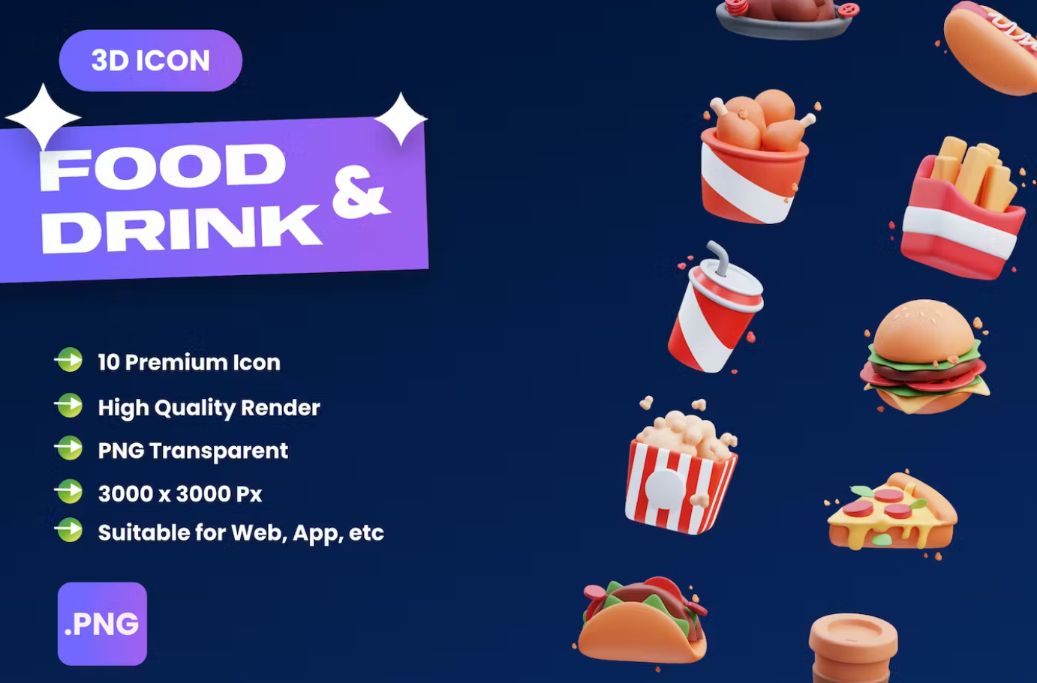 3D Food and Drinks Icons Set