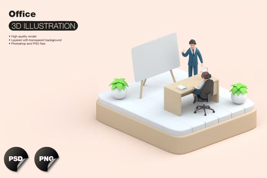 3D Office Vector Illustrations