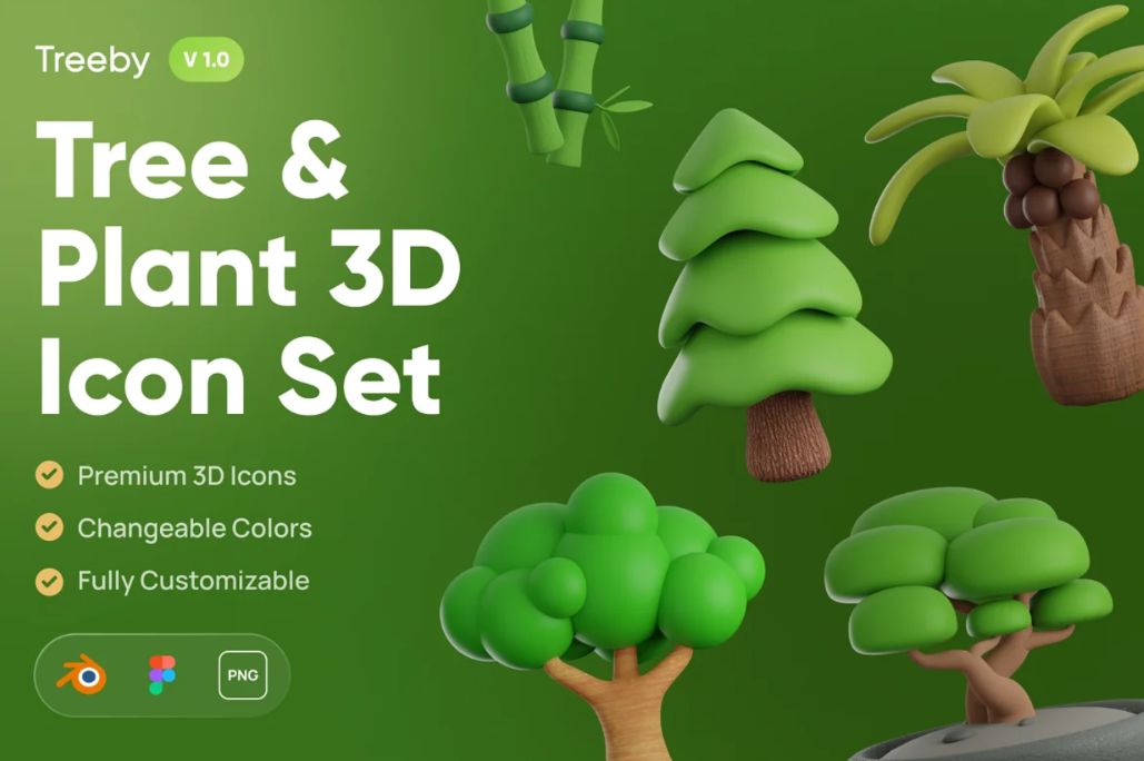 3D Tree and Plant Icons Set