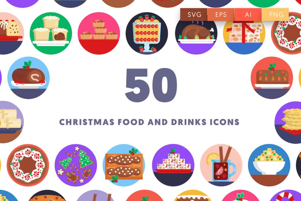 50 Christmas Food Icons Set