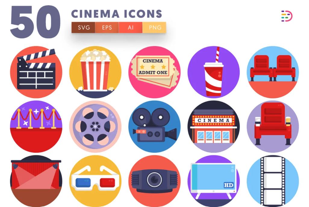 50 Colorful Cinema Icons Set