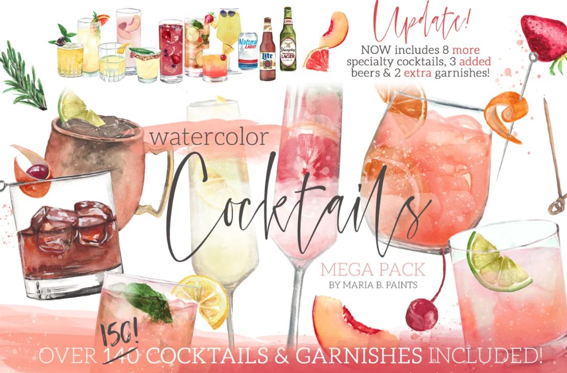 Watercolor Cocktail Illustrations Set