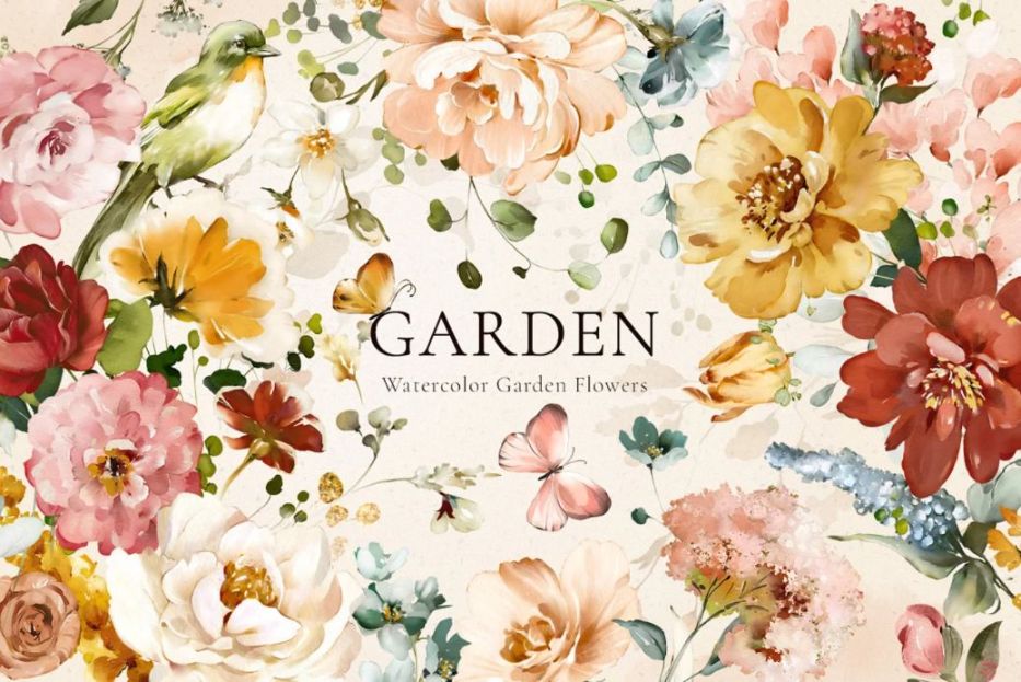 Watercolor Flower Garden Illustrations Set