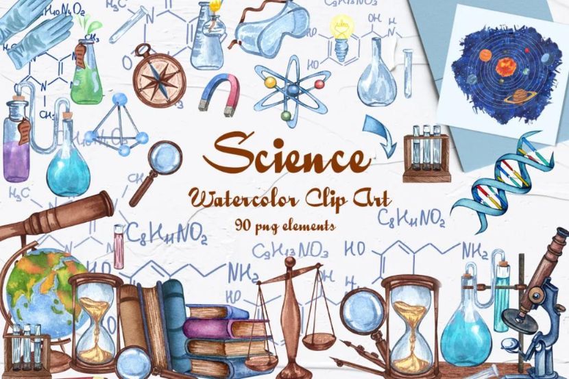 Watercolor Science Cliparts Set