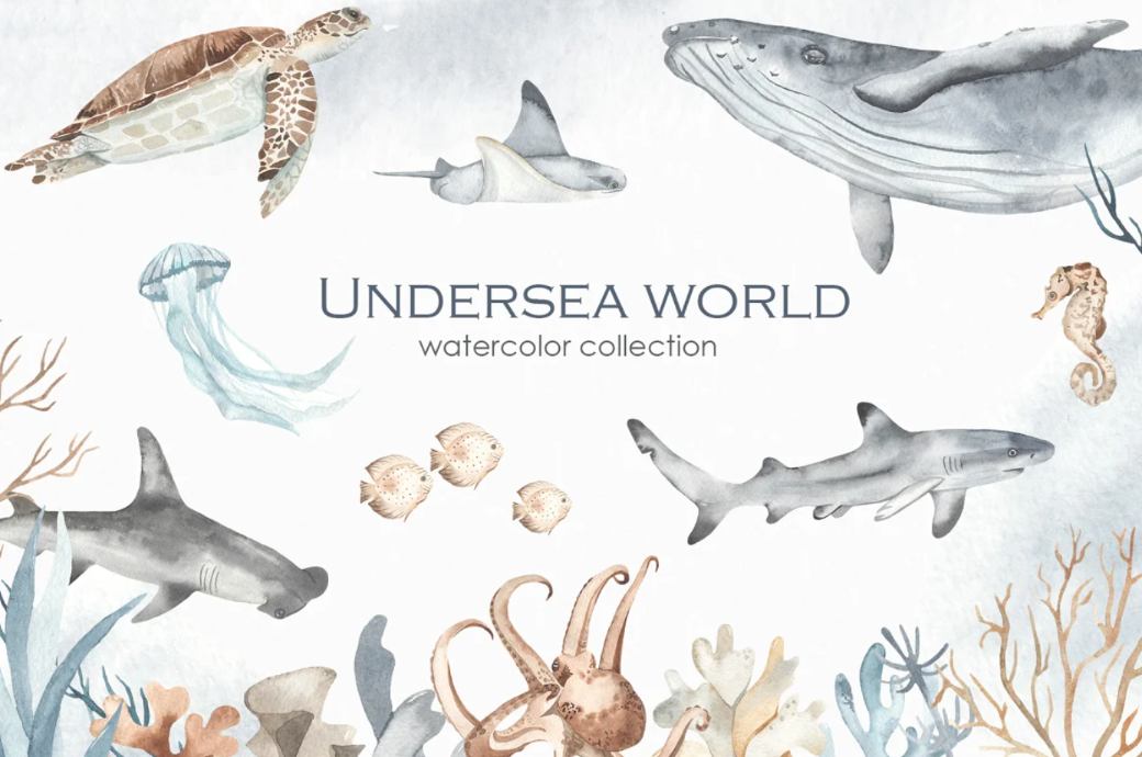 Watercolor Underwater Life lllustrations set