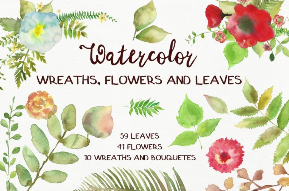 Watercolor Wreaths and Leaves