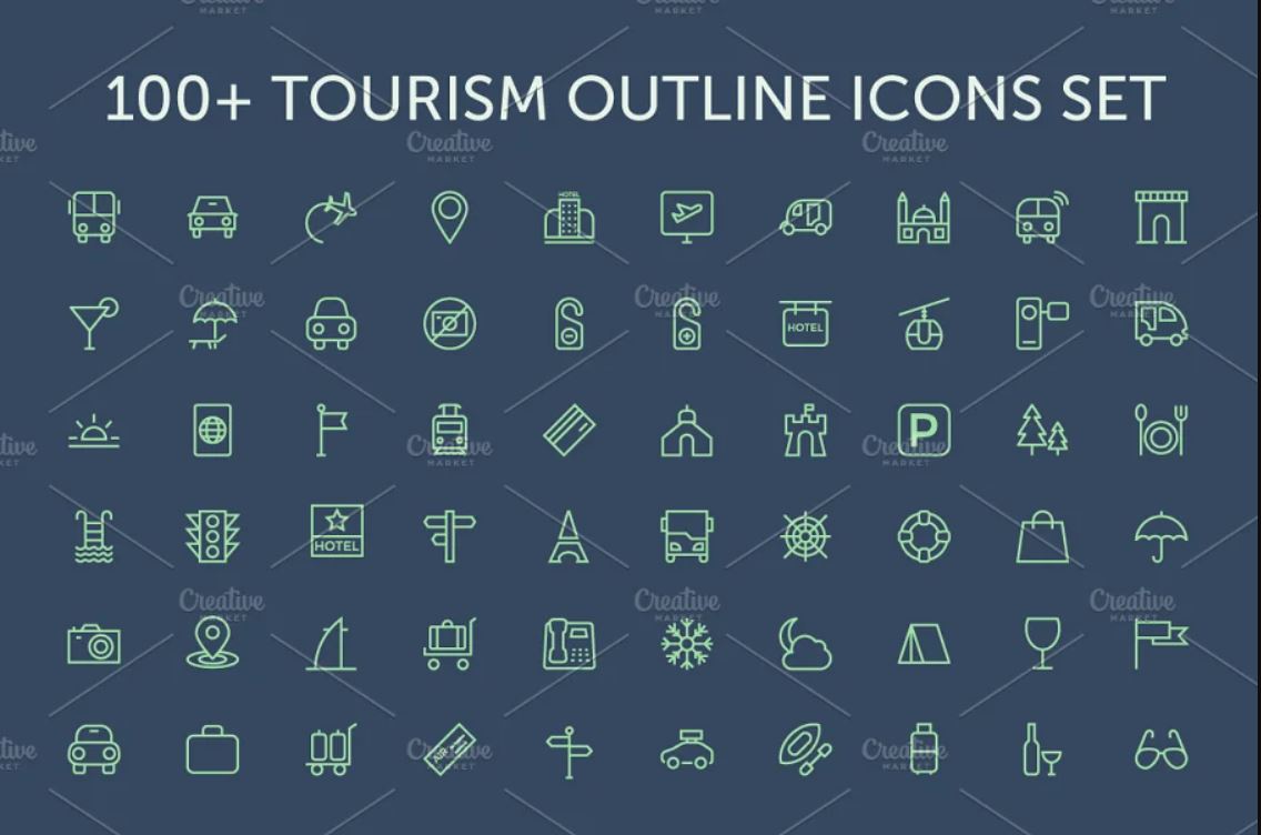 100 Tourism Outline Icons Set