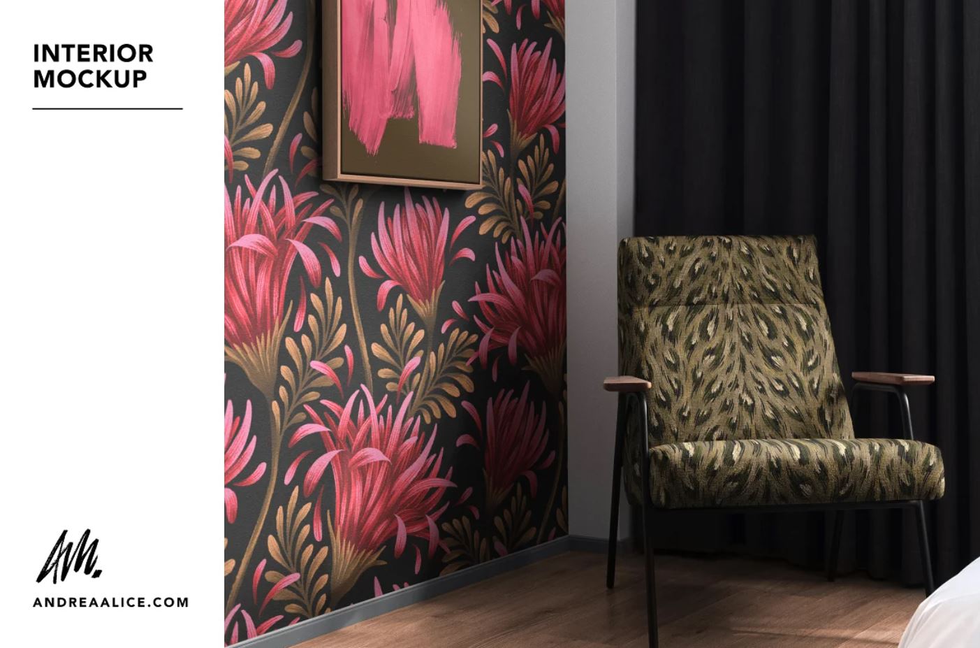 Creative Interior Room Mockup PSD for the Presentation of design on wallpaper curtain and chair