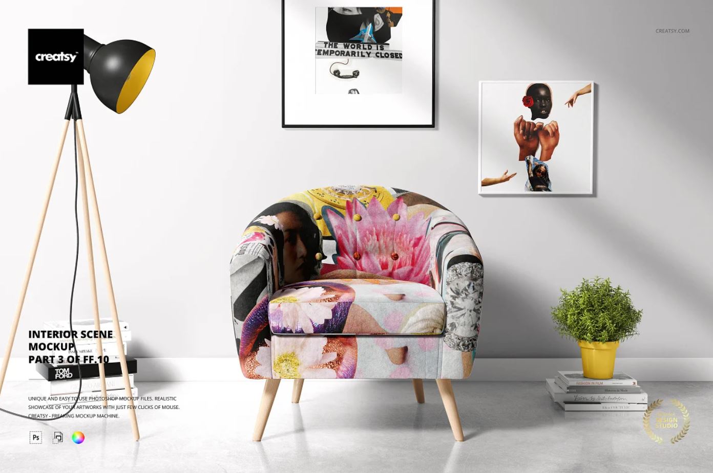 Modern Armchair Mockup Template with the frames and sofa in scene